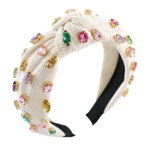Jeweled Knotted Headband Cream Band with Pink and Green Gems